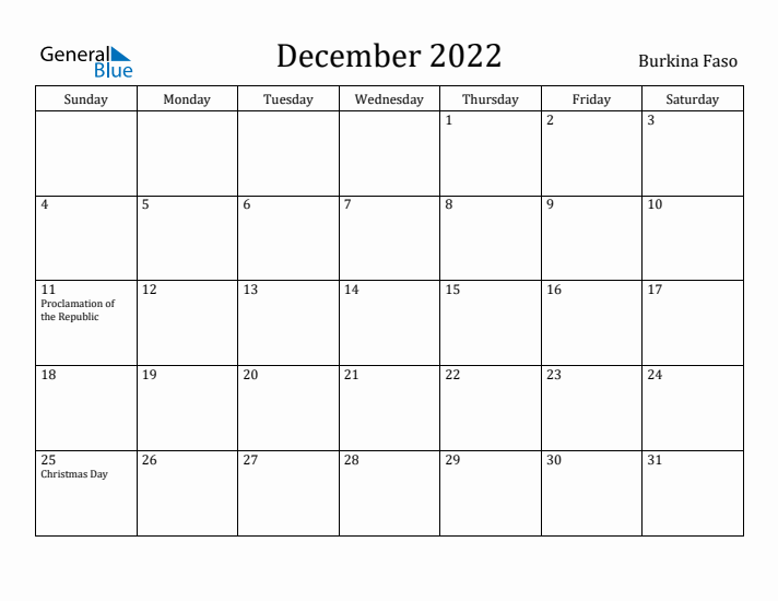 December 2022 Calendar Burkina Faso