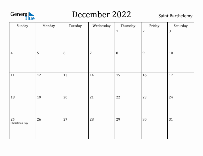 December 2022 Calendar Saint Barthelemy