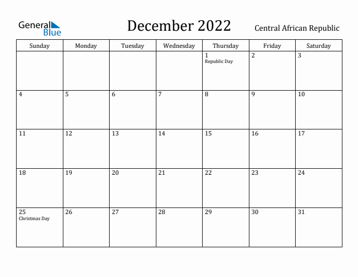 December 2022 Calendar Central African Republic