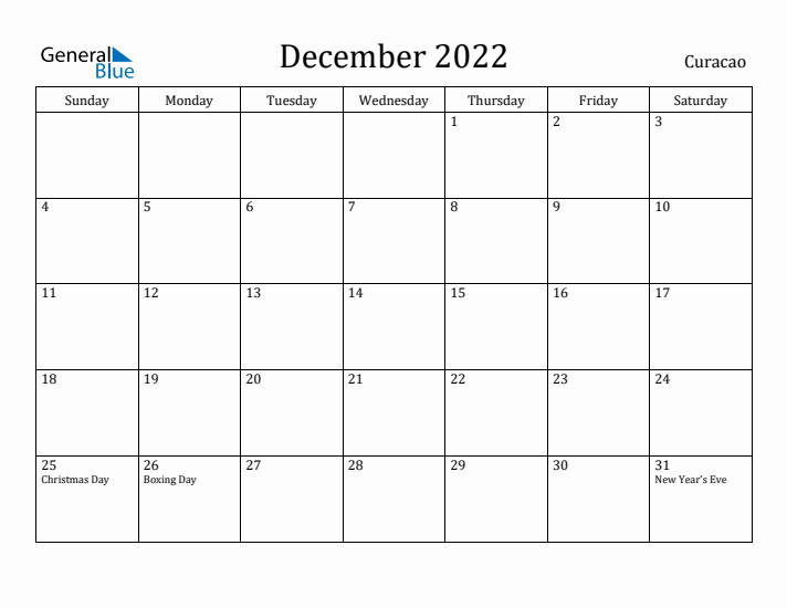December 2022 Calendar Curacao