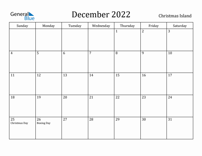 December 2022 Calendar Christmas Island