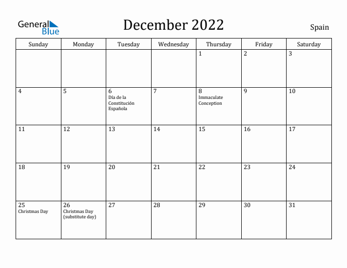 December 2022 Calendar Spain