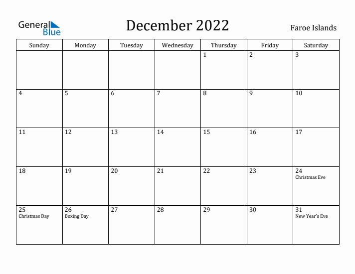 December 2022 Calendar Faroe Islands