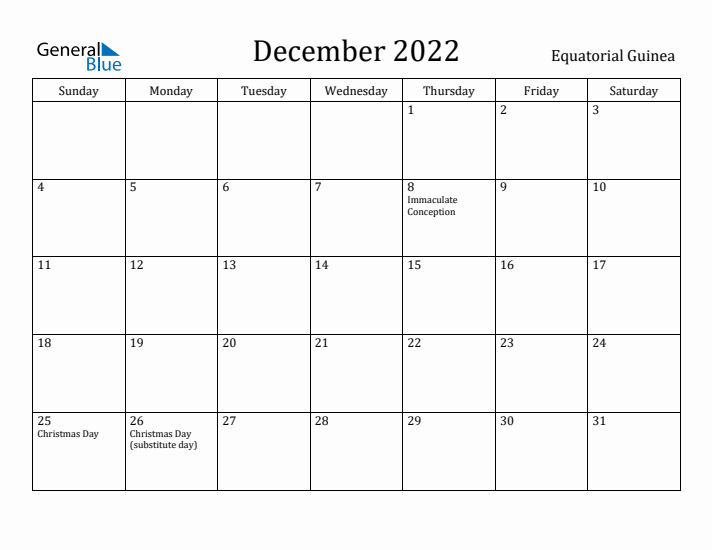 December 2022 Calendar Equatorial Guinea
