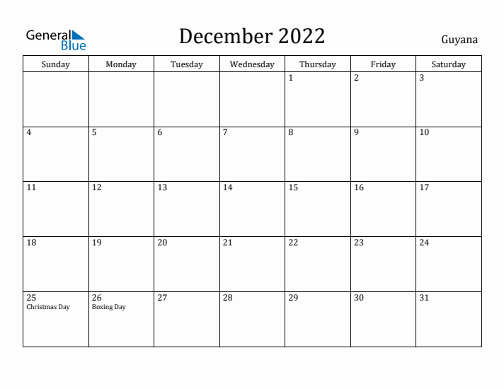 December 2022 Calendar Guyana