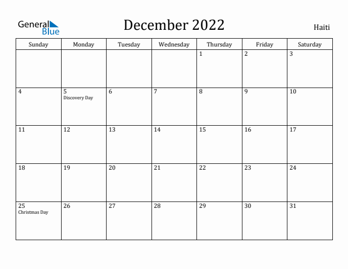 December 2022 Calendar Haiti