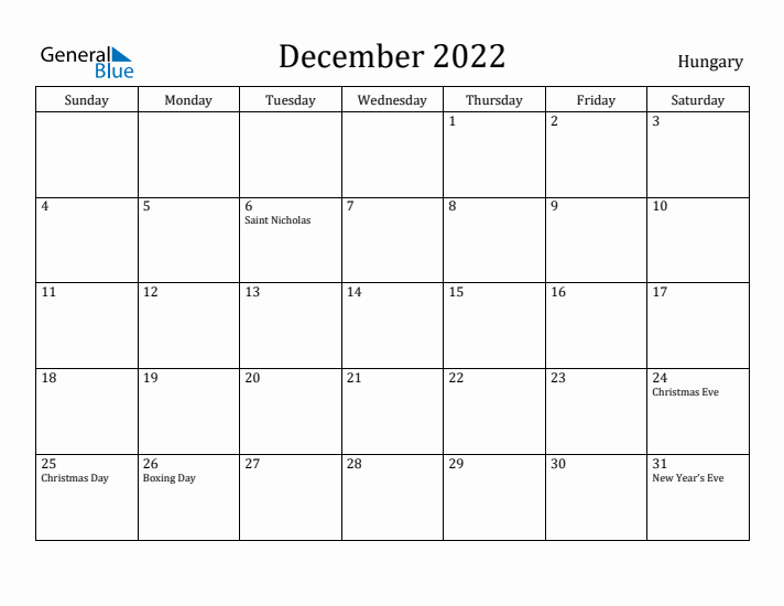 December 2022 Calendar Hungary