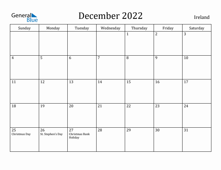December 2022 Calendar Ireland