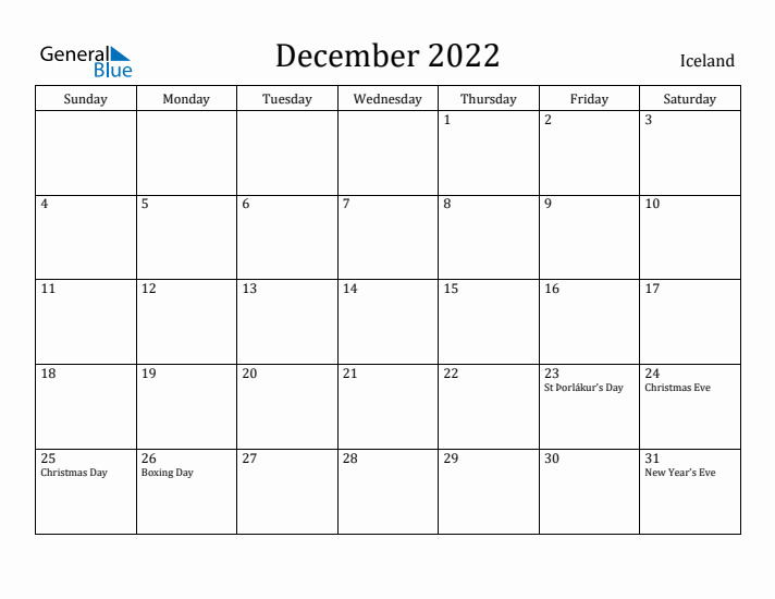 December 2022 Calendar Iceland