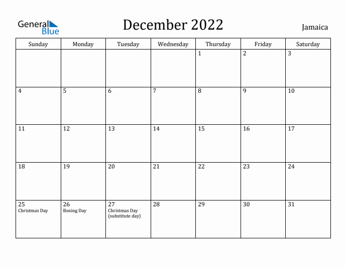 December 2022 Calendar Jamaica
