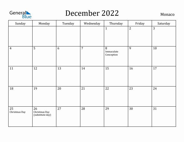 December 2022 Calendar Monaco