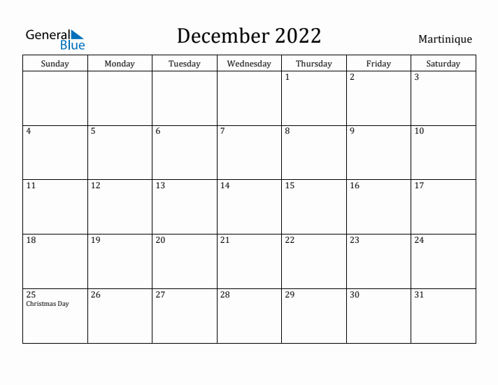 December 2022 Calendar Martinique