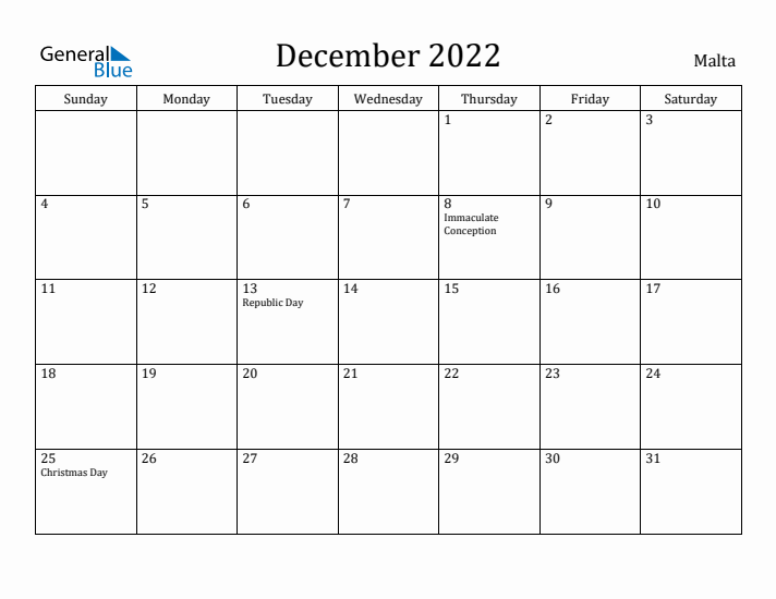December 2022 Calendar Malta