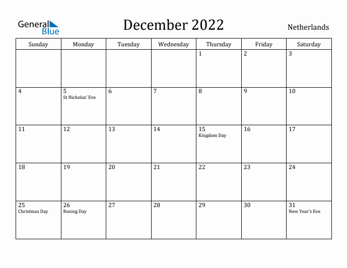 December 2022 Calendar The Netherlands