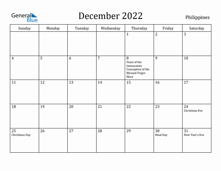 December 2022 Calendar Philippines
