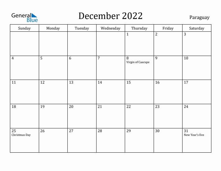 December 2022 Calendar Paraguay