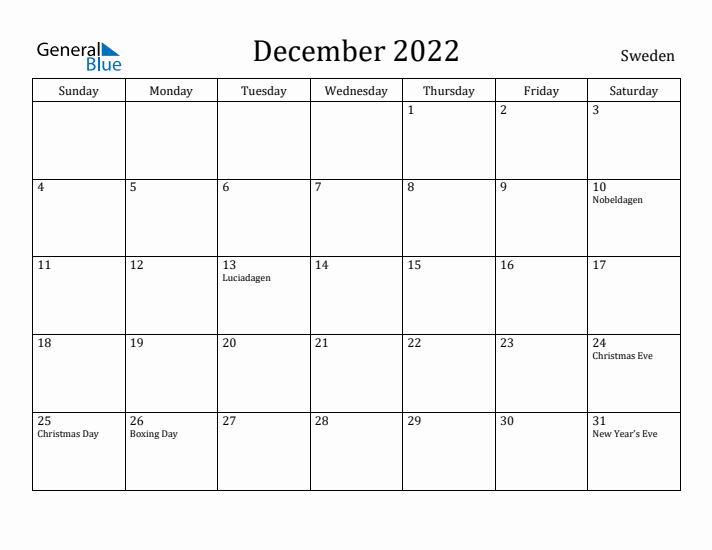 December 2022 Calendar Sweden