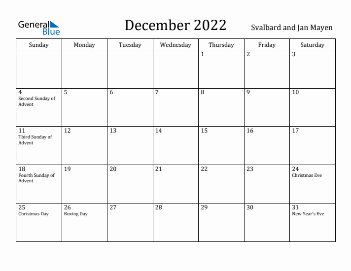 December 2022 Calendar Svalbard and Jan Mayen