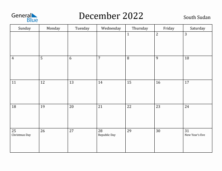December 2022 Calendar South Sudan