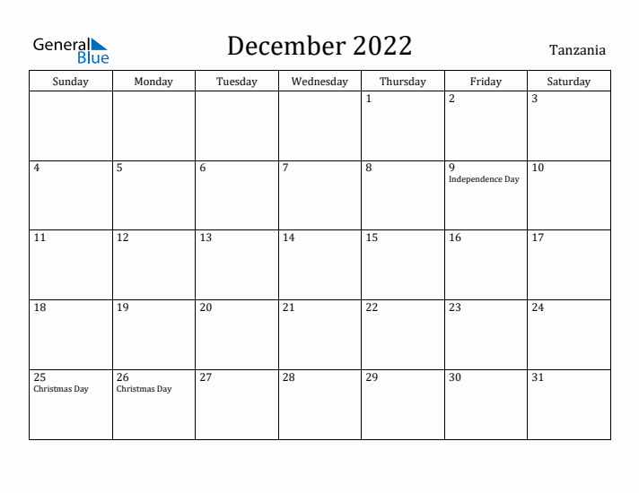 December 2022 Calendar Tanzania
