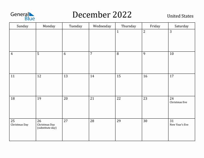 December 2022 Calendar United States