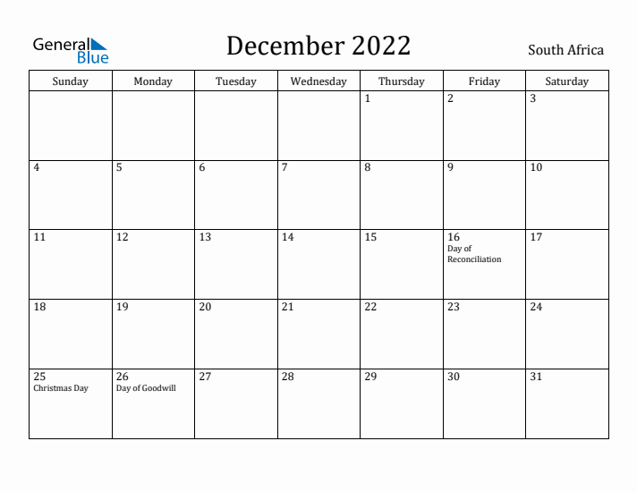 December 2022 Calendar South Africa