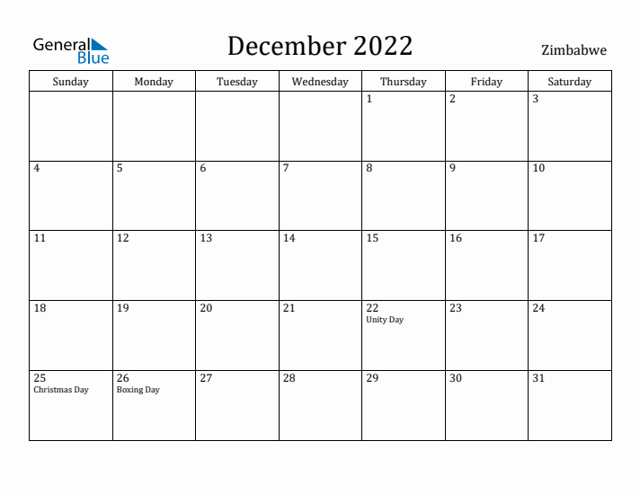 December 2022 Calendar Zimbabwe