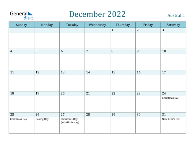 Australia December 2022 Calendar with Holidays