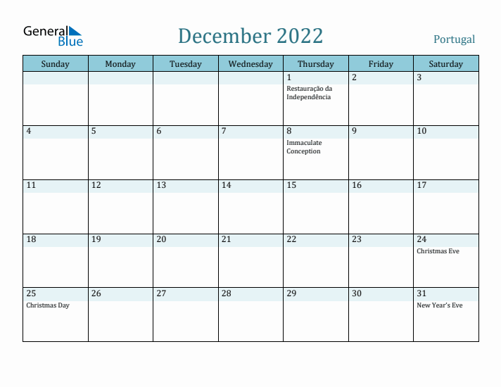 December 2022 Monthly Calendar with Portugal Holidays