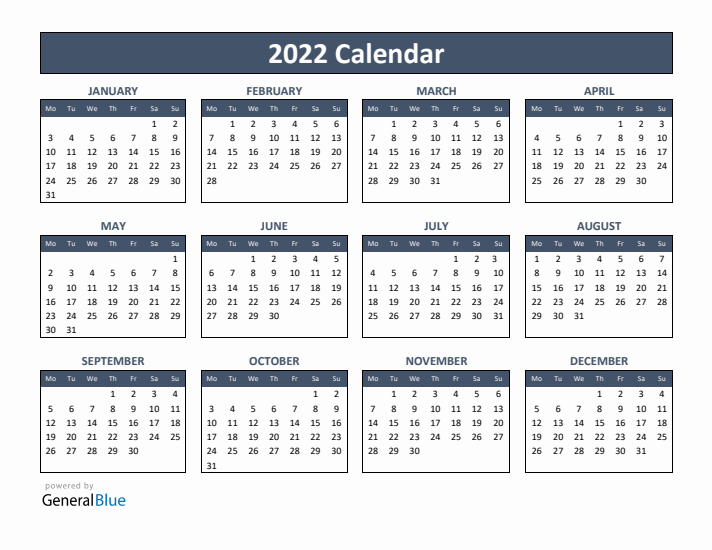 Basic Annual Calendar for Year 2022