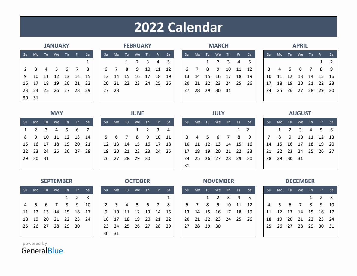 Basic Annual Calendar for Year 2022