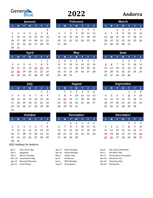 2022 calendar andorra with holidays