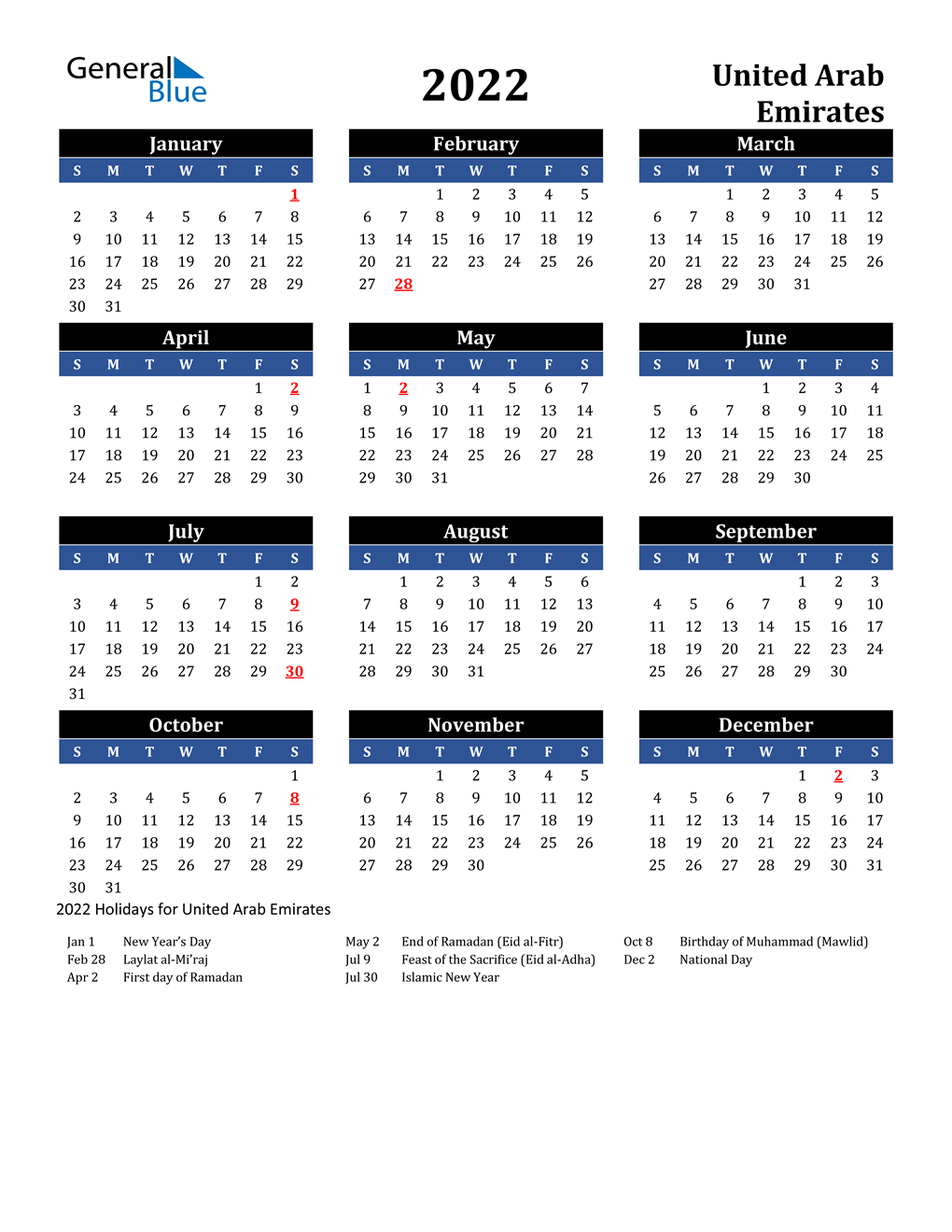 2022 United Arab Emirates Calendar with Holidays