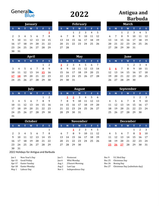 2022 Antigua and Barbuda Free Calendar