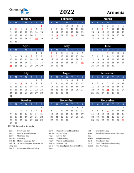 2022 Armenia Free Calendar