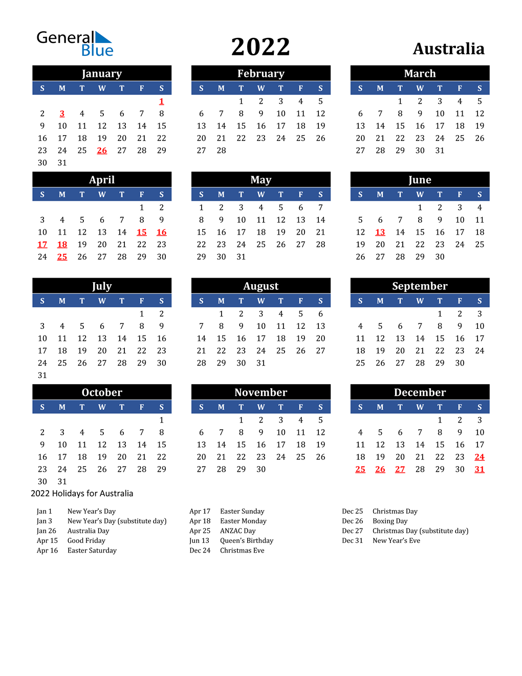 2022 Australia Calendar With Holidays