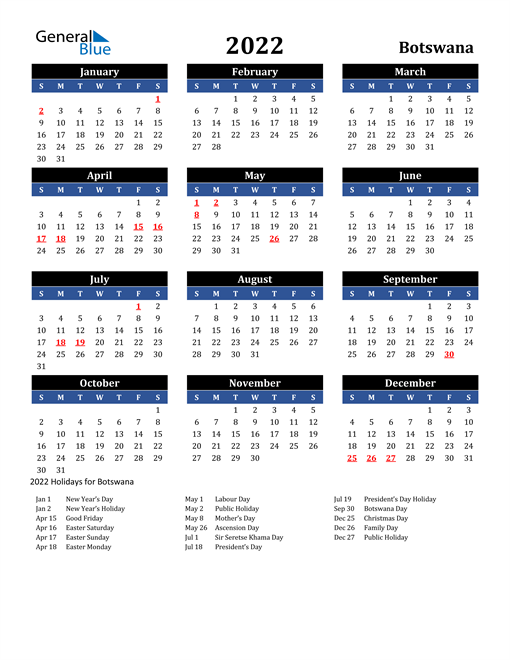 2022 Botswana Free Calendar