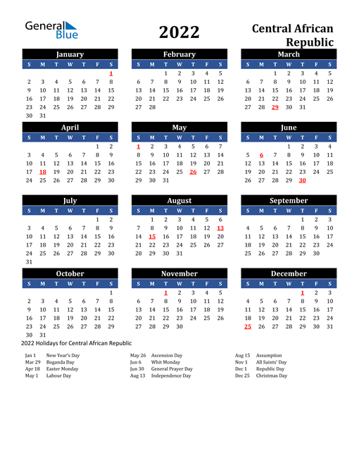 2022 calendar central african republic with holidays