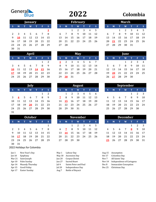 2022 Colombia Free Calendar