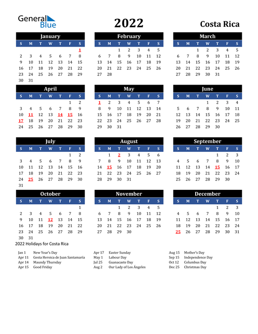 2022 Costa Rica Free Calendar