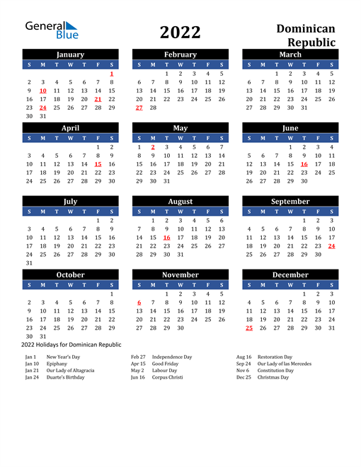 2022 calendar dominican republic with holidays