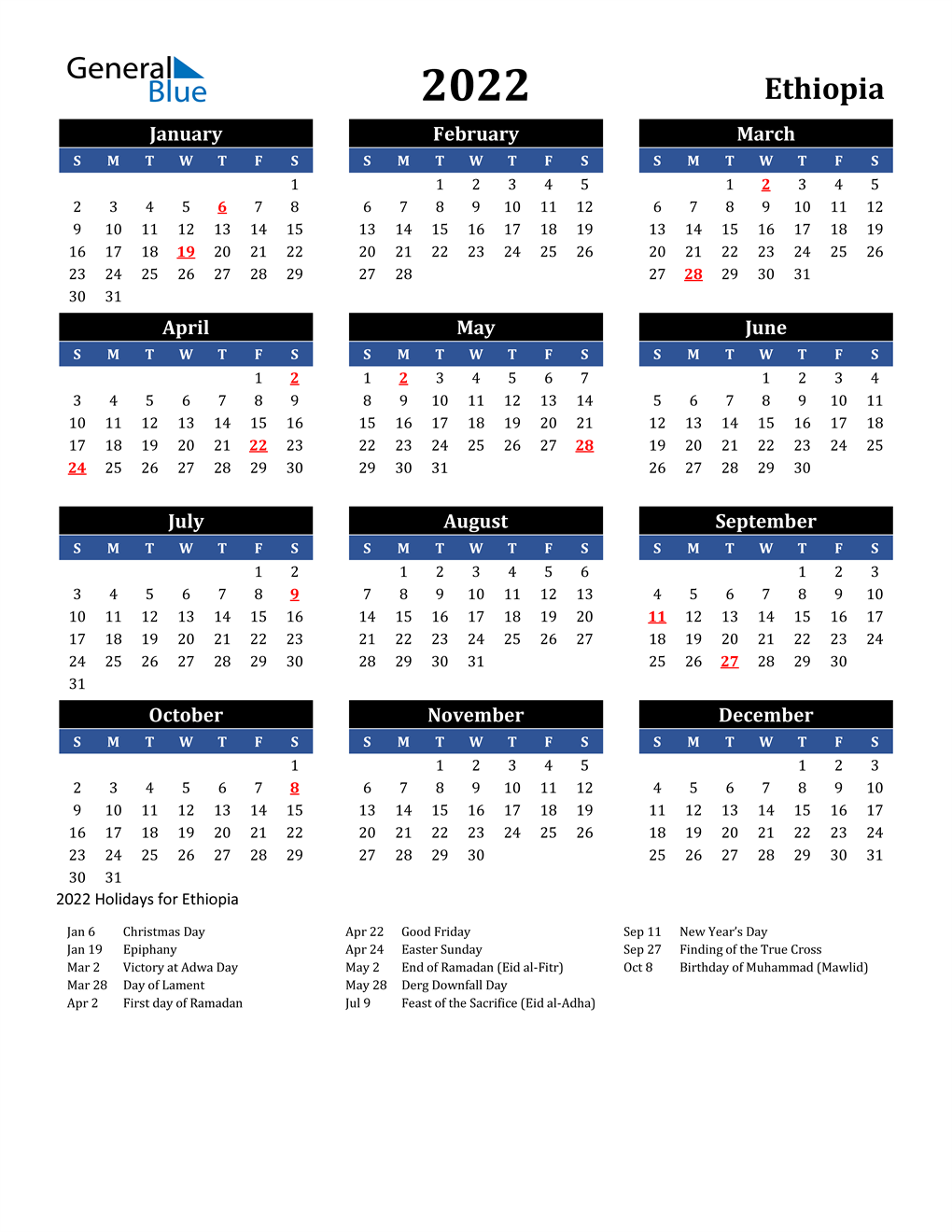 2022 Ethiopia Calendar With Holidays