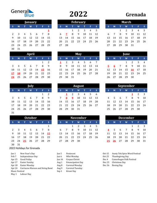 2022 Grenada Free Calendar