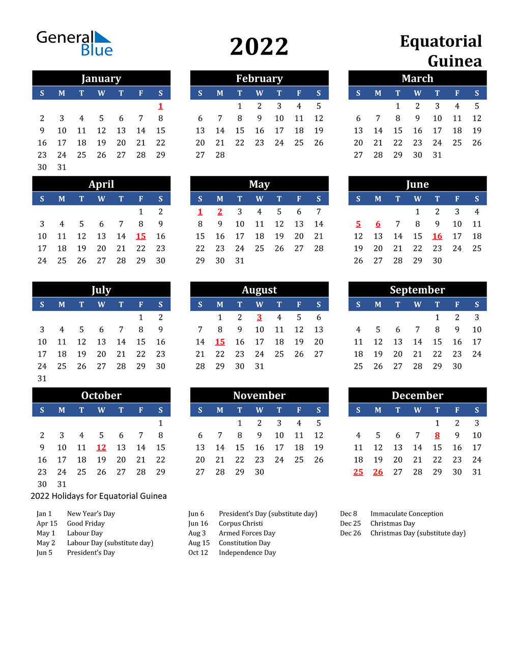2022 equatorial guinea calendar with holidays