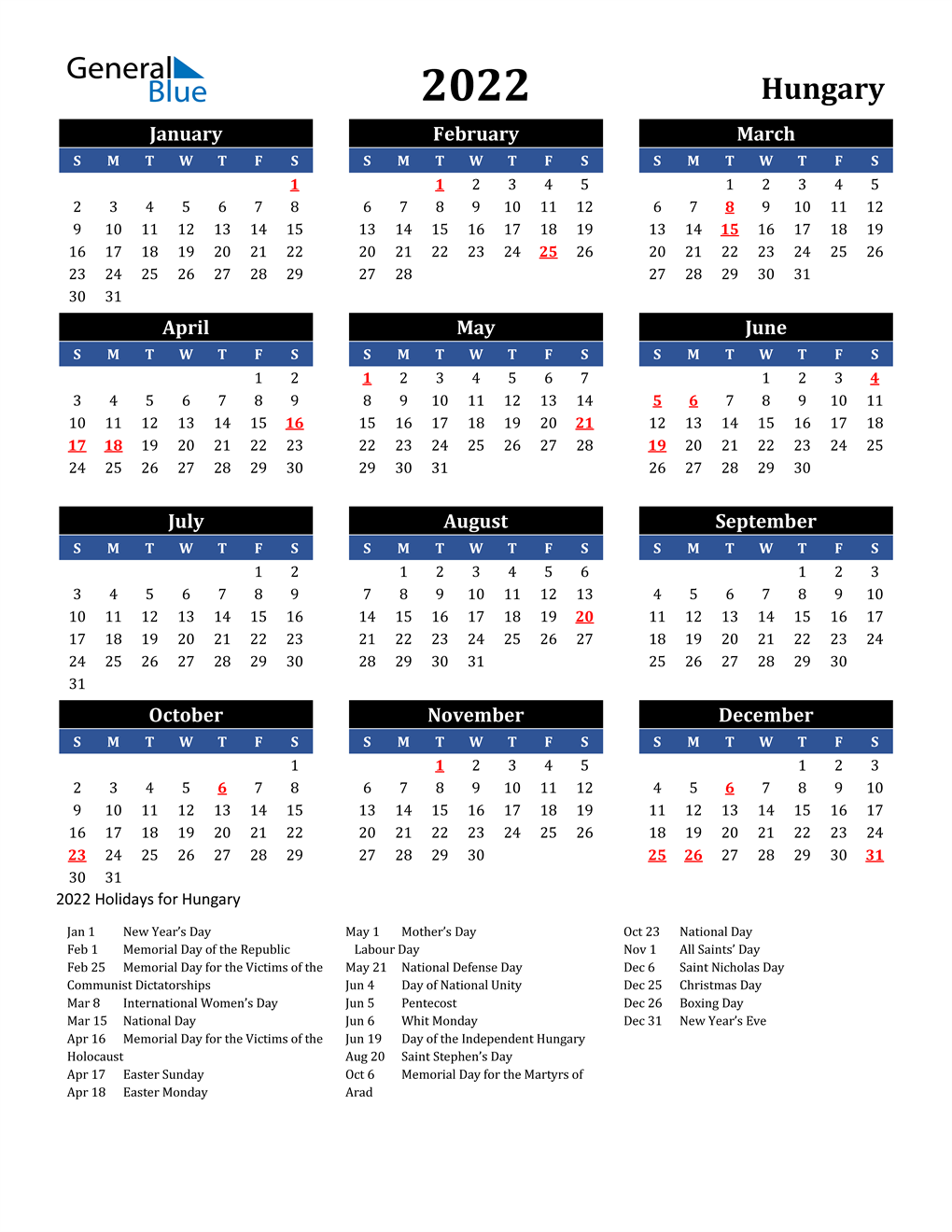 2022 Hungary Free Calendar