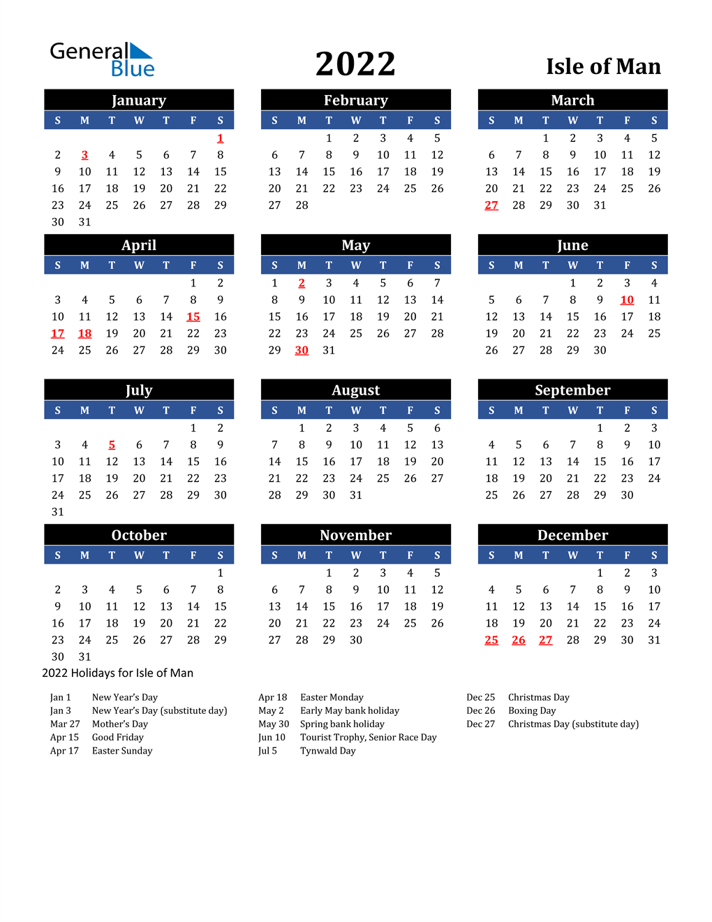 2022 isle of man calendar with holidays