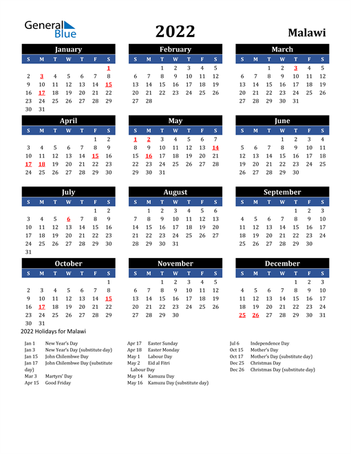 2022 Calendar - Malawi with Holidays