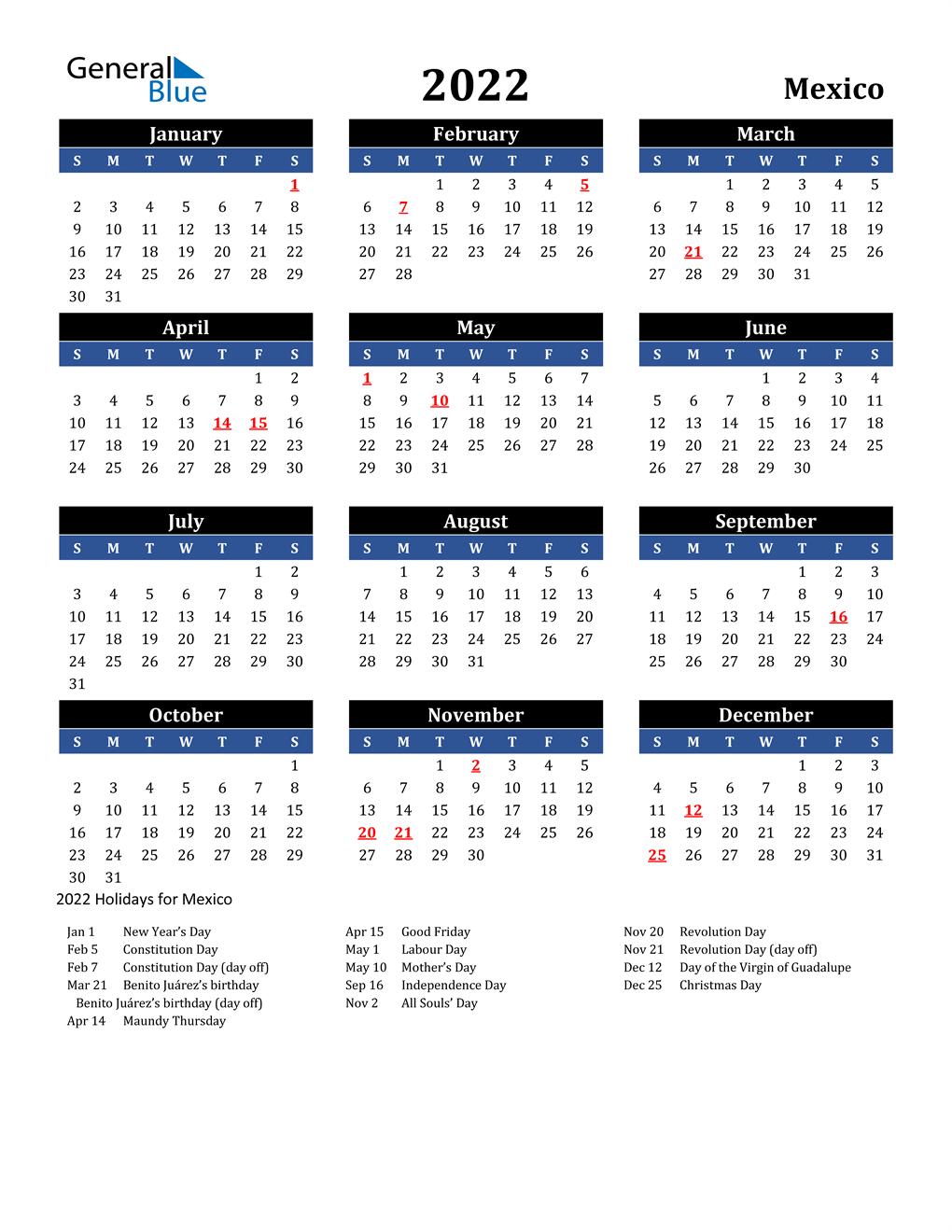 2022 Mexico Calendar with Holidays