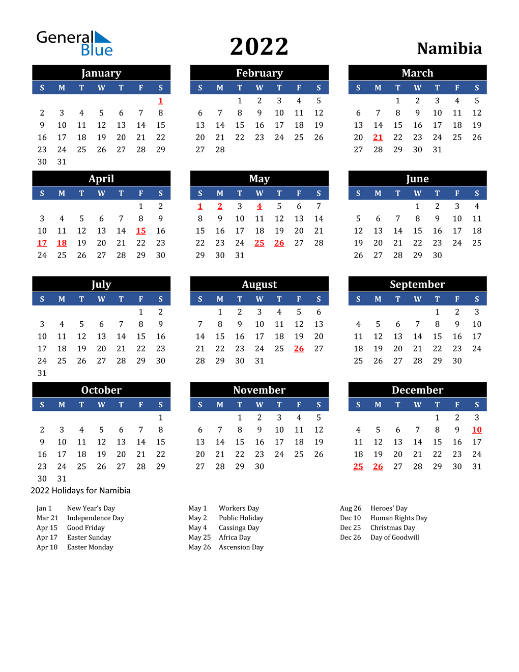 2022 Namibia Free Calendar