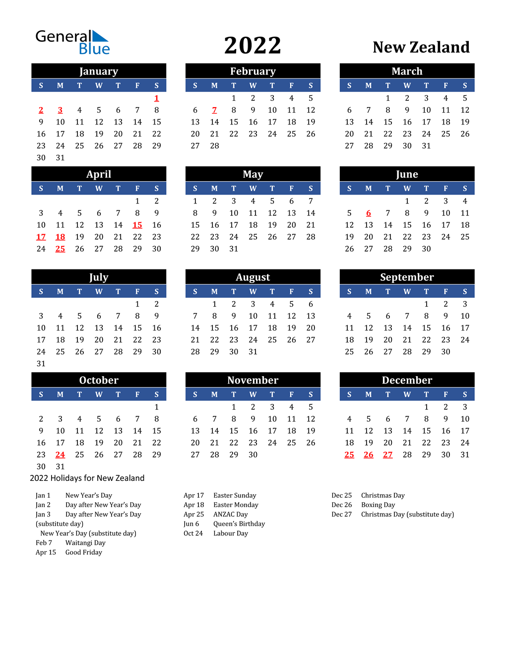 2022 new zealand calendar with holidays